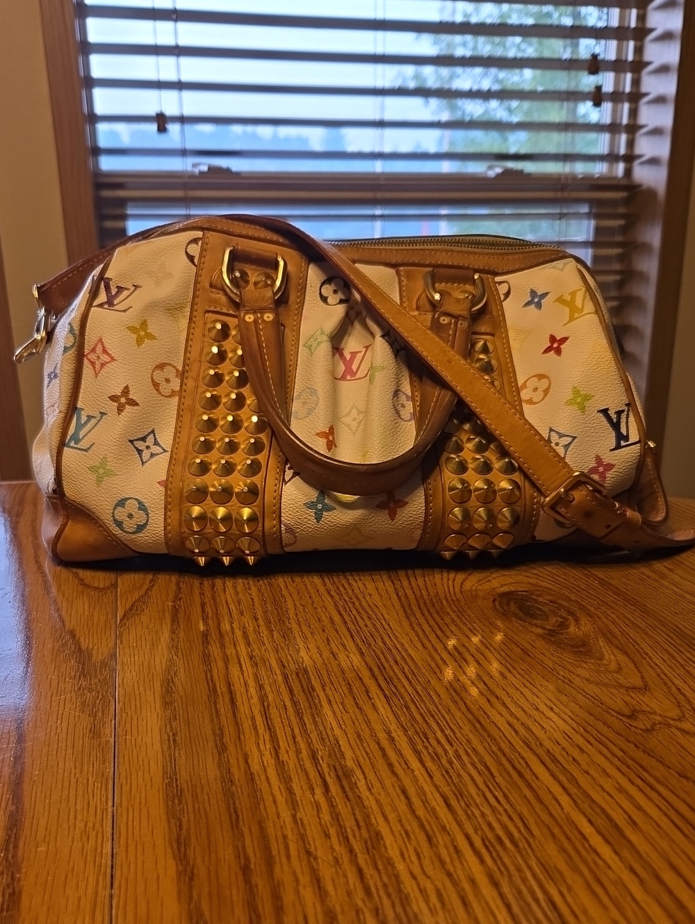 LV Vintage White Monogram Studded Courtney MM Two Way Bag